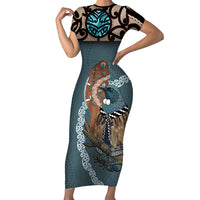 New Zealand Tui Bird Maripi Short Sleeve Bodycon Dress Maori Weapon Kowhaiwhai Pattern LT22 Long Dress Slate Blue - Polynesian Pride