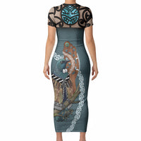 New Zealand Tui Bird Maripi Short Sleeve Bodycon Dress Maori Weapon Kowhaiwhai Pattern LT22 - Polynesian Pride