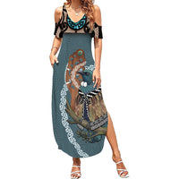 New Zealand Tui Bird Maripi Summer Maxi Dress Maori Weapon Kowhaiwhai Pattern LT22 Women Slate Blue - Polynesian Pride
