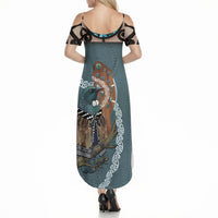 New Zealand Tui Bird Maripi Summer Maxi Dress Maori Weapon Kowhaiwhai Pattern LT22 - Polynesian Pride