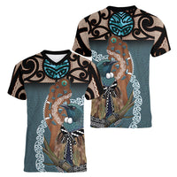 New Zealand Tui Bird Maripi Women V-Neck T-Shirt Maori Weapon Kowhaiwhai Pattern LT22 - Polynesian Pride