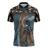 New Zealand Tui Bird Maripi Zipper Polo Shirt Maori Weapon Kowhaiwhai Pattern LT22 Slate Blue - Polynesian Pride