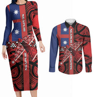 Aotearoa Iwi Ngapuhi Couples Matching Long Sleeve Bodycon Dress and Long Sleeve Button Shirt Tuhoronuku Kite United Tribes Flag Maori Pattern LT22 Red - Polynesian Pride
