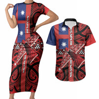 Aotearoa Iwi Ngapuhi Couples Matching Short Sleeve Bodycon Dress and Hawaiian Shirt Tuhoronuku Kite United Tribes Flag Maori Pattern LT22 Red - Polynesian Pride