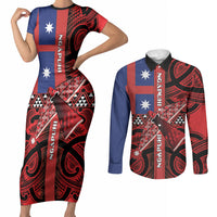 Aotearoa Iwi Ngapuhi Couples Matching Short Sleeve Bodycon Dress and Long Sleeve Button Shirt Tuhoronuku Kite United Tribes Flag Maori Pattern LT22 Red - Polynesian Pride