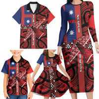Aotearoa Iwi Ngapuhi Family Matching Long Sleeve Bodycon Dress and Hawaiian Shirt Tuhoronuku Kite United Tribes Flag Maori Pattern LT22 - Polynesian Pride