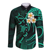 Personalised Molokai Hawaii Long Sleeve Button Shirt Polynesian Tattoo and Pacific Plumeria Turquoise Vibe LT9 Unisex Turquoise - Polynesian Pride