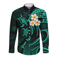Personalised Lanai Hawaii Long Sleeve Button Shirt Polynesian Tattoo and Pacific Plumeria Turquoise Vibe LT9 Unisex Turquoise - Polynesian Pride