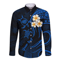 Personalised Kauai Hawaii Long Sleeve Button Shirt Polynesian Tattoo and Pacific Plumeria Blue Vibe LT9 Unisex Blue - Polynesian Pride