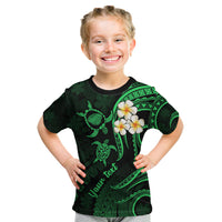 Personalised Kauai Hawaii Kid T Shirt Polynesian Tattoo and Pacific Plumeria Green Vibe LT9 Green - Polynesian Pride