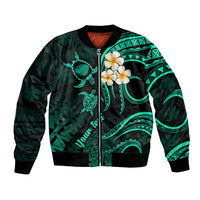 Personalised Kauai Hawaii Bomber Jacket Polynesian Tattoo and Pacific Plumeria Turquoise Vibe LT9 Unisex Turquoise - Polynesian Pride