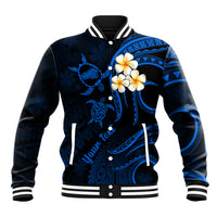 Personalised Kahoolawe Hawaii Baseball Jacket Polynesian Tattoo and Pacific Plumeria Blue Vibe LT9 Unisex Blue - Polynesian Pride