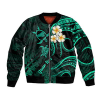 Personalised Kahoolawe Hawaii Sleeve Zip Bomber Jacket Polynesian Tattoo and Pacific Plumeria Turquoise Vibe LT9 Unisex Turquoise - Polynesian Pride