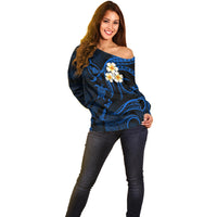 Personalised Maui Hawaii Off Shoulder Sweater Polynesian Tattoo and Pacific Plumeria Blue Vibe LT9 - Polynesian Pride