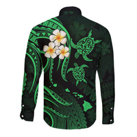 Personalised Oahu Hawaii Long Sleeve Button Shirt Polynesian Tattoo and Pacific Plumeria Green Vibe LT9 - Polynesian Pride