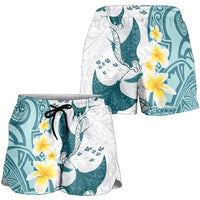 Maori Manta Ray Plumeria Teal Shorts for Women LT01 - Polynesian Pride