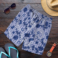 Mokihana Maile Ilima Leis Paniolo Palaka Shorts for Men Hawaiian Polu Spirit LT9 Blue - Polynesian Pride
