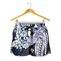 Monstera Plumeria Flowers Blue Shorts for Women Polynesian Pattern