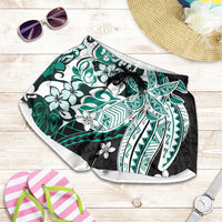 Monstera Plumeria Flowers Teal Shorts for Women Polynesian Pattern