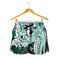 Monstera Plumeria Flowers Teal Shorts for Women Polynesian Pattern