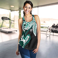Monstera Plumeria Flowers Teal Women Racerback Tank Polynesian Pattern