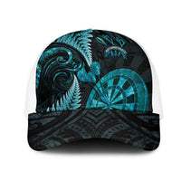 New Zealand Darts Mesh Trucker Cap Happiness Is A Tight Threesome Maori Paua Shell LT14 One Size White Turquoise - Polynesian Pride