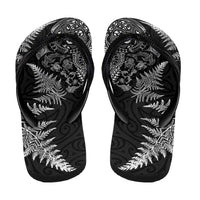New Zealand Sea Animals Flip Flops with Maori Koru Tribal Tattoo and Silver Ferns Black Color