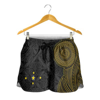 Niue Polynesian Hiapo Tattoo Art Shorts for Women Half Style Black Gold Color - Polynesian Pride