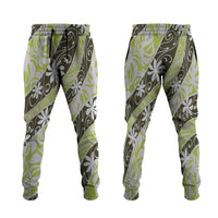 Olive Tahiti Tiare Monstera Jogger Pants Polynesian Pattern Curve Style - Polynesian Pride