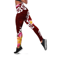 Oxblood Polynesia Leggings Plumeria With Hibiscus Pattern Tropical Vibes - Polynesian Pride