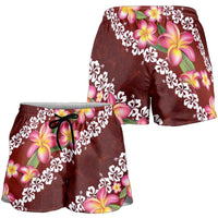 Oxblood Polynesia Shorts for Women Plumeria With Hibiscus Pattern Tropical Vibes LT14 - Polynesian Pride