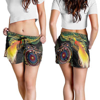 Papua New Guinea and Australia Together Shorts for Women Bird of Paradise and Kangaroo Melanesian Aboriginal Motifs - Polynesian Pride