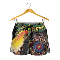 Papua New Guinea and Australia Together Shorts for Women Bird of Paradise and Kangaroo Melanesian Aboriginal Motifs - Polynesian Pride