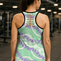 Pastel Green Hawaii Palaka Honohono Pikake Hollow Tank Top Hawaiian Orchid Lei Polynesian Pattern - Polynesian Pride