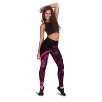 Pink Black Aloha Hawaii Leggings Polynesian Shark Tattoo With Plumeria - Polynesian Pride