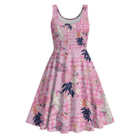Pink Palaka Crane and Flowers Midi Dress Japan Heritage Spirit LT9 Pink - Polynesian Pride