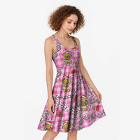 Pink Palaka Hawaii Mele Kalikimaka Midi Dress Ohia Lehua Shell Leis Funny Gingerbread Santa - Polynesian Pride
