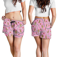 Pink Palaka Hawaii Mele Kalikimaka Shorts for Women Ohia Lehua Shell Leis Funny Gingerbread Santa - Polynesian Pride