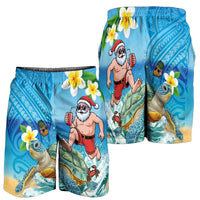 Polynesian Merry Christmas Shorts for Men Funny Santa with Sea Turtle on Beach and Plumeria - Polynesian Pride