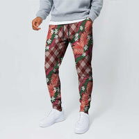 Polynesian Monstera Tiare Floral Jogger Pants Burgundy Tropical Plaid LT01 - Polynesian Pride