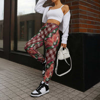 Polynesian Monstera Tiare Floral Jogger Pants Burgundy Tropical Plaid LT01 - Polynesian Pride