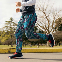 Polynesian Monstera Tiare Floral Jogger Pants Dark Teal Tropical Plaid - Polynesian Pride