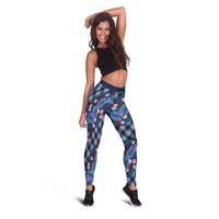 Polynesian Monstera Tiare Floral Leggings Royal Blue Tropical Plaid - Polynesian Pride