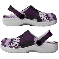Puakenikeni Maile Lei Clogs Shoes Frangipani Purple Tropical Leaves