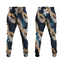 Puakenikeni Maile Lei Jogger Pants Frangipani Blue Tropical Leaves