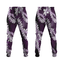 Puakenikeni Maile Lei Jogger Pants Frangipani Purple Tropical Leaves