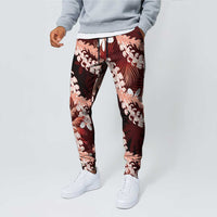 Puakenikeni Maile Lei Jogger Pants Frangipani Red Tropical Leaves