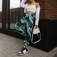Puakenikeni Maile Lei Jogger Pants Frangipani Turquoise Tropical Leaves