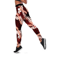 Puakenikeni Maile Lei Leggings Frangipani Red Tropical Leaves LT01 Red - Polynesian Pride
