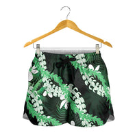 Puakenikeni Maile Lei Shorts for Women Frangipani Green Tropical Leaves LT01 - Polynesian Pride